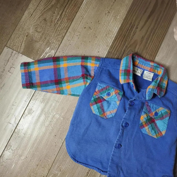 INC Boys Blue and Rainbow Plaid Button Down Shirt Size 12m 100% Cotton - Picture 5 of 9